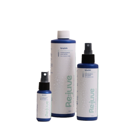 image shows a Re:juve hypochlorous acid spray starter pack consisting of a 30ml, 140ml and 320ml HOCl skin mist sprays