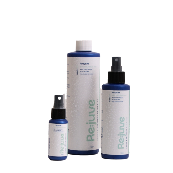 image shows a Re:juve hypochlorous acid spray starter pack consisting of a 30ml, 140ml and 320ml HOCl skin mist sprays
