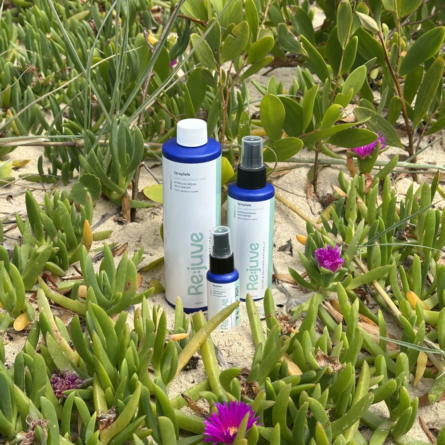 Image shows re:juve HOCL hypochlorous acid spray starter pack on an Australian beach