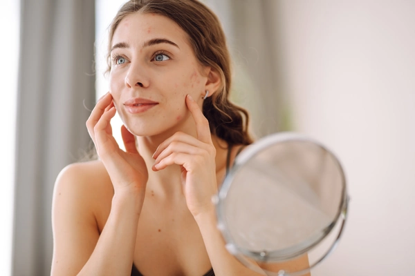 a person with acne looking in the mirror