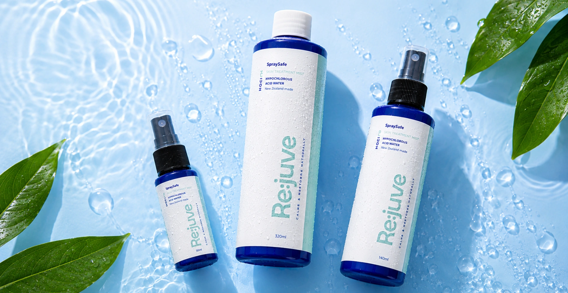 SpraySafe Re:juve Hypochlorous Acid spray (HOCl) for skin care, displayed in three sizes - 30ml, 140ml and 320ml